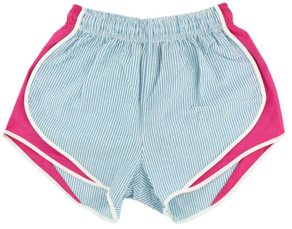 Shorties Shorts in Turquoise Seersucker with Pink Panel by Lauren James - Country Club Prep