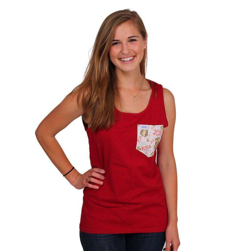 Chi Omega Tank Top in Barn Red with Pattern Pocket by the Frat Collection - Country Club Prep