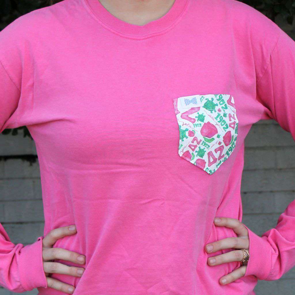 Delta Zeta Long Sleeve Tee Shirt in Crunchberry with Pattern Pocket by the Frat Collection - Country Club Prep