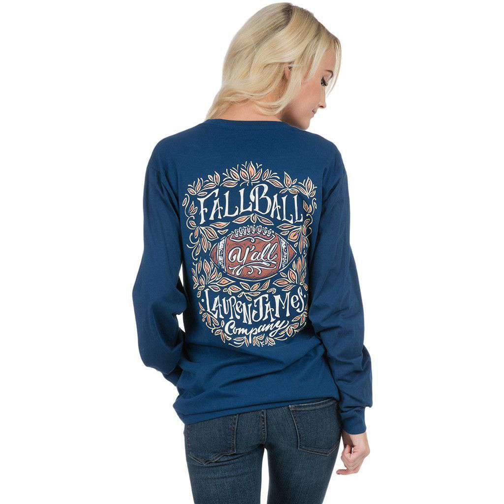 Lauren James Fall Ball Y'all Long Sleeve Tee Shirt in Estate Blue