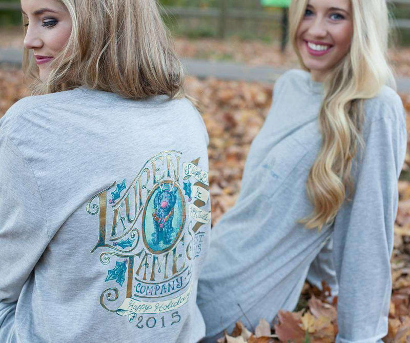 Holiday Pup Long Sleeve Tee in Heather Grey by Lauren James - Country Club Prep