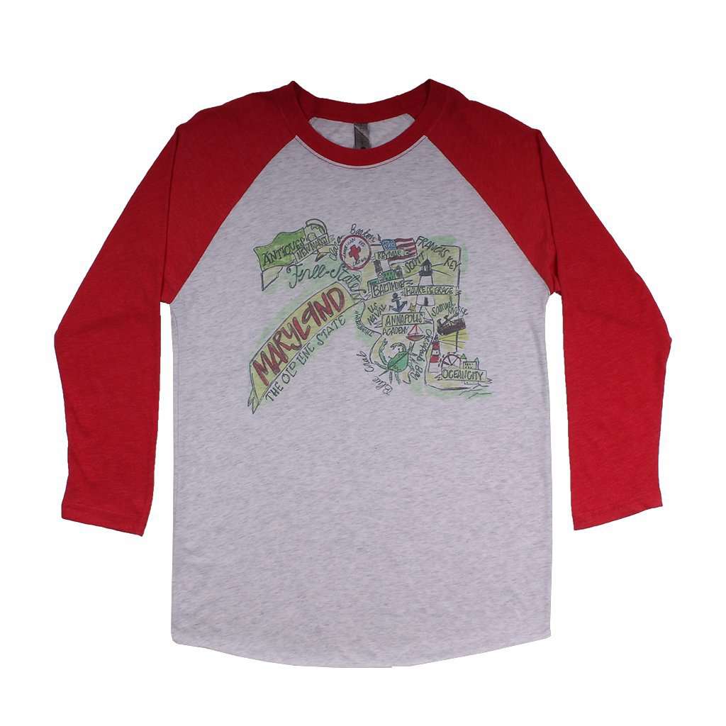 Maryland Roadmap Raglan Tee Shirt in Red by Southern Roots, image size:1024x1024