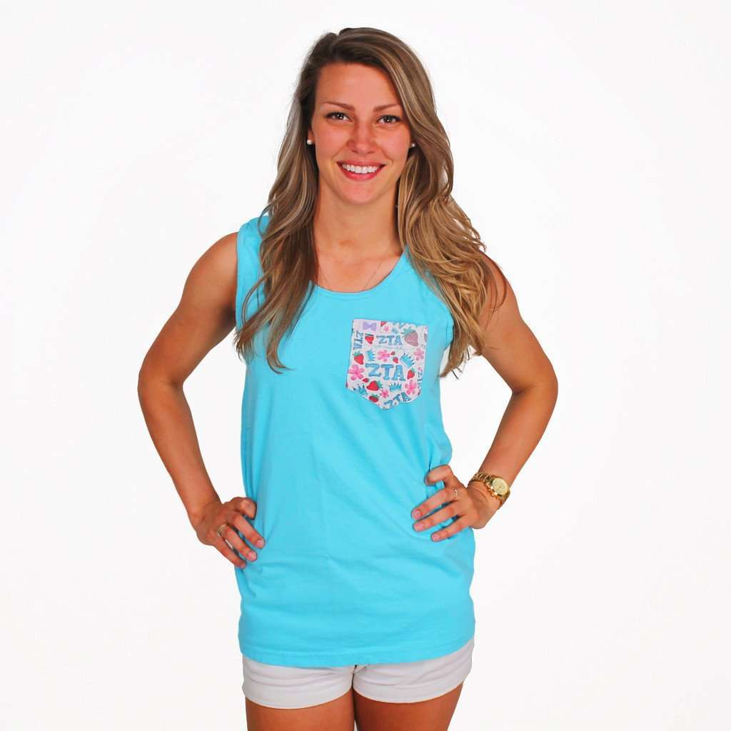 Zeta Tau Alpha Tank Top in Lagoon Blue with Pattern Pocket by the Frat Collection - Country Club Prep