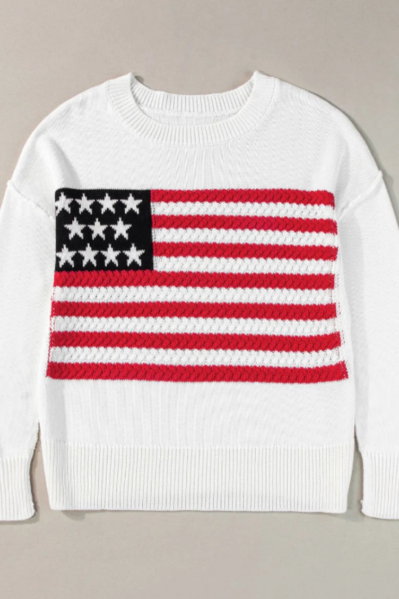 US Flag Side Slit Drop Shoulder Sweater - Country Club Prep