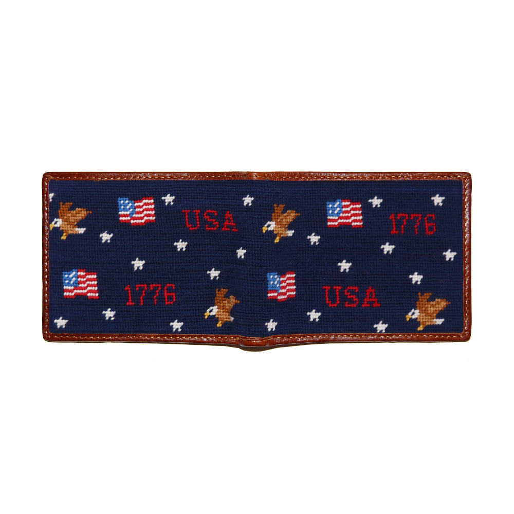Navy needlepoint patch with USA and 1776 text, featuring American flags and eagles.