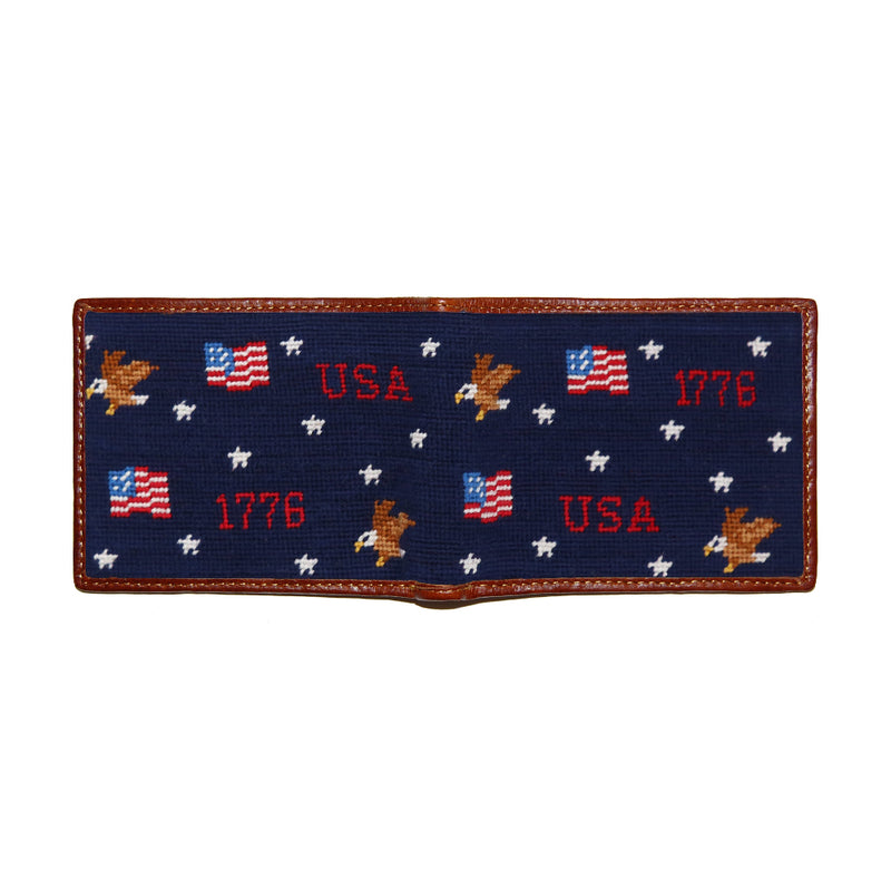 Navy needlepoint patch with USA and 1776 text, featuring American flags and eagles.