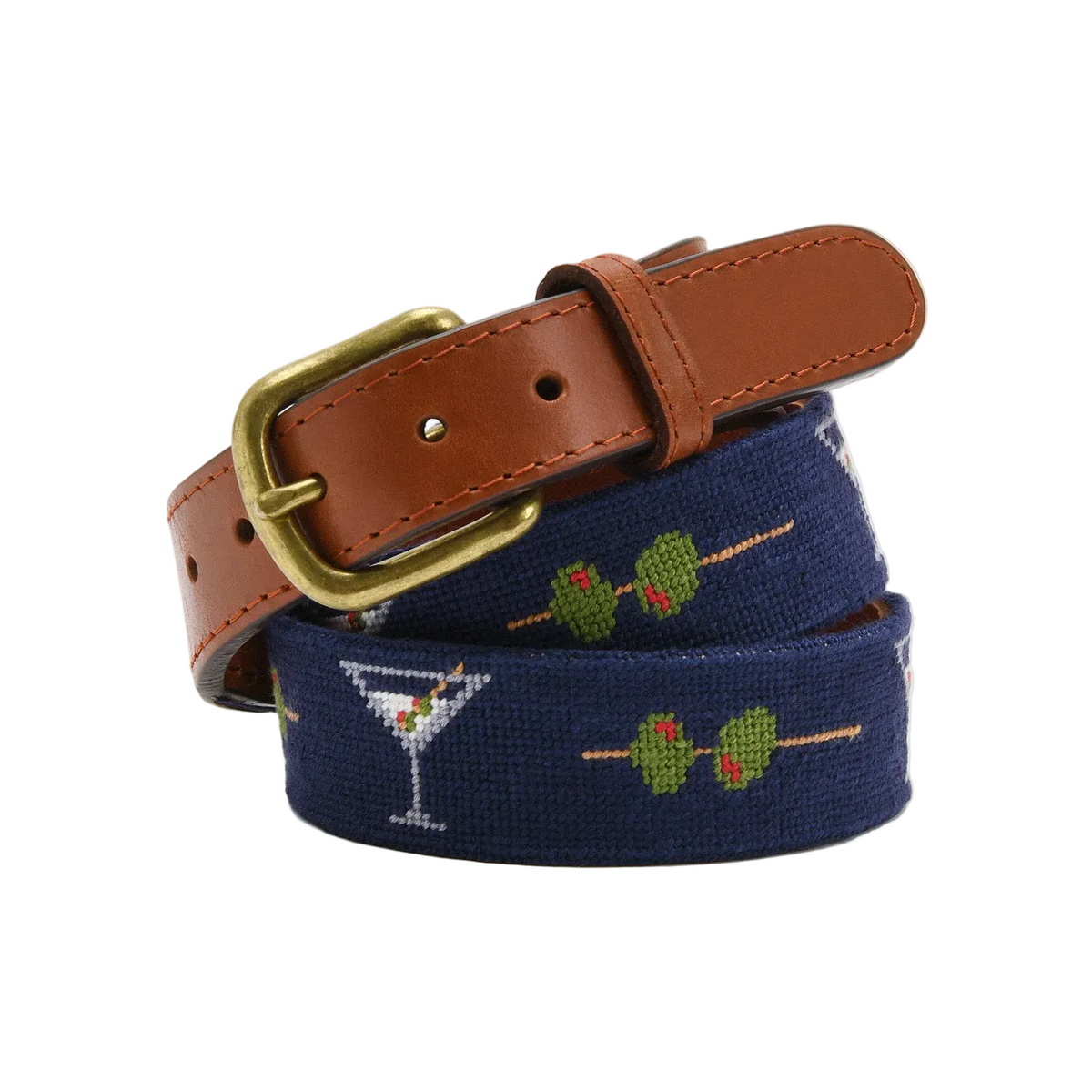 A double-belt style accessory with a brown leather strap and a navy blue woven canvas belt featuring embroidered cocktail and olive motifs, finished with a gold-tone buckle.