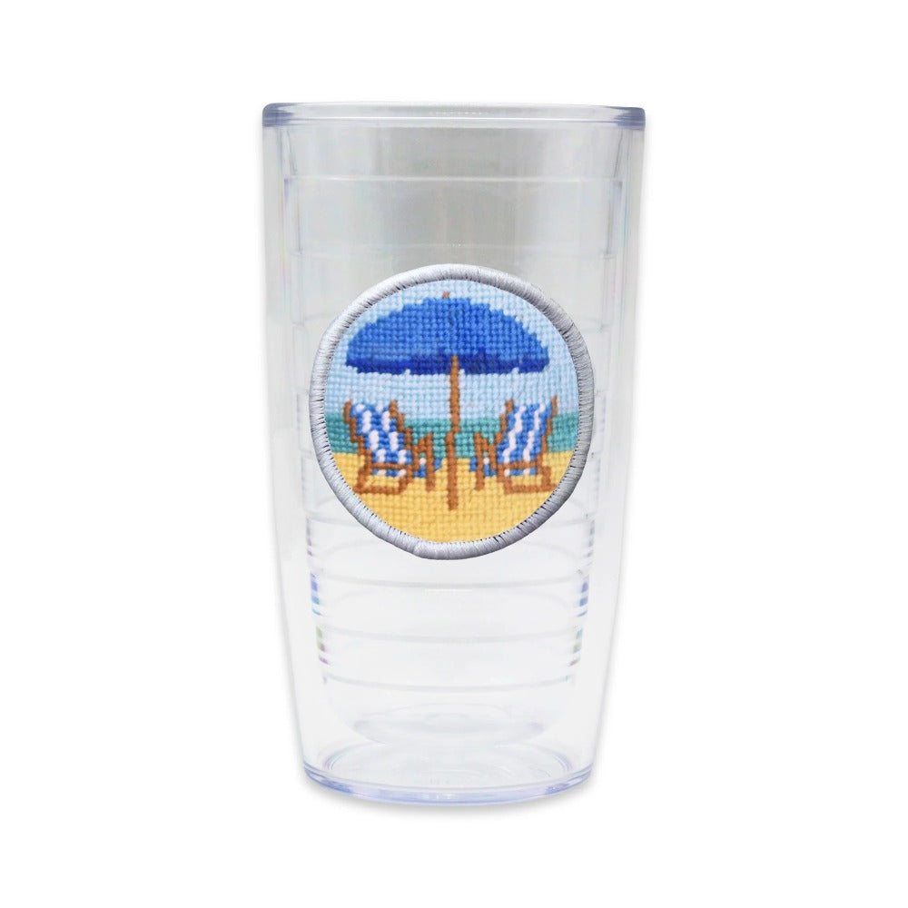 Beach Chairs Scene Needlepoint Tumbler in Cobalt by Smathers & Branson - Country Club Prep