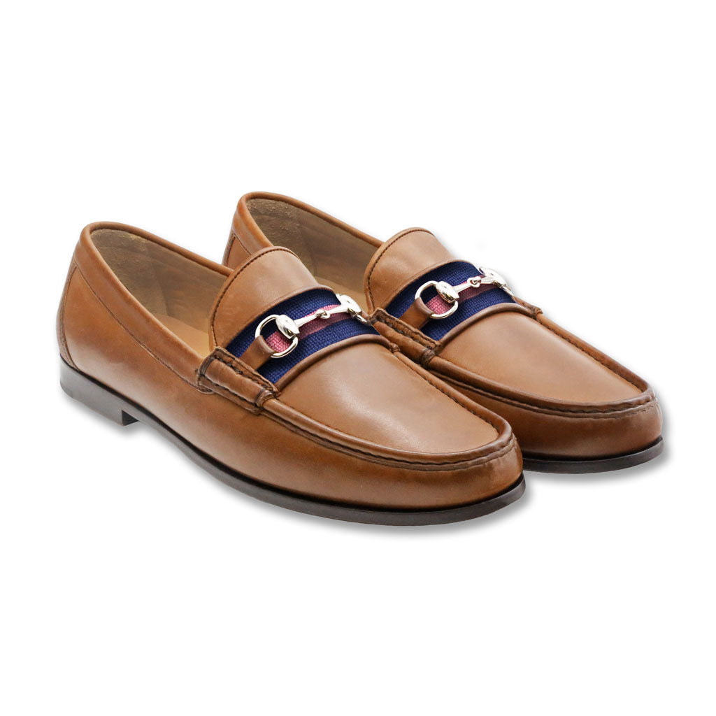 Navy & Pink Surcingle Downing Bit Loafer in Saddle Leather by Smathers & Branson - Country Club Prep
