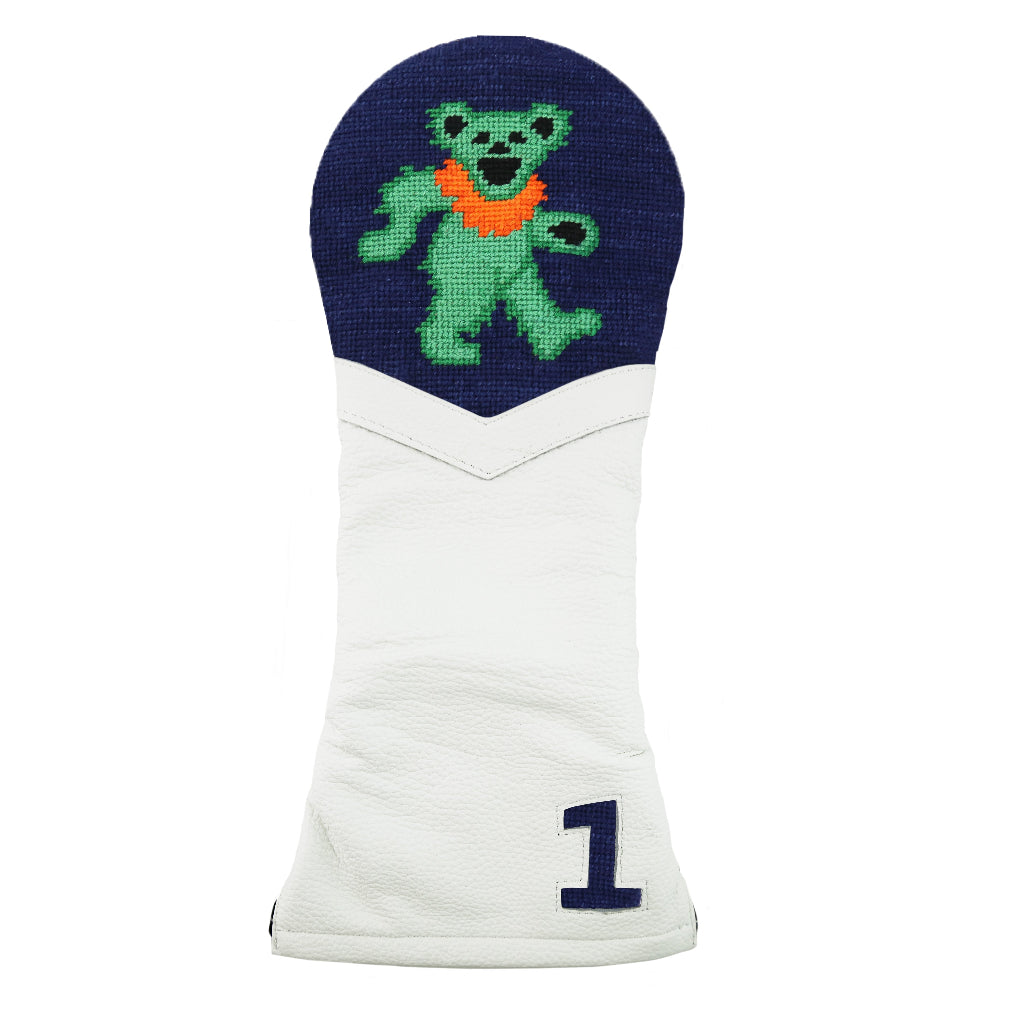 Dancing Bear Needlepoint Driver Headcover in White Leather by Smathers & Branson - Country Club Prep