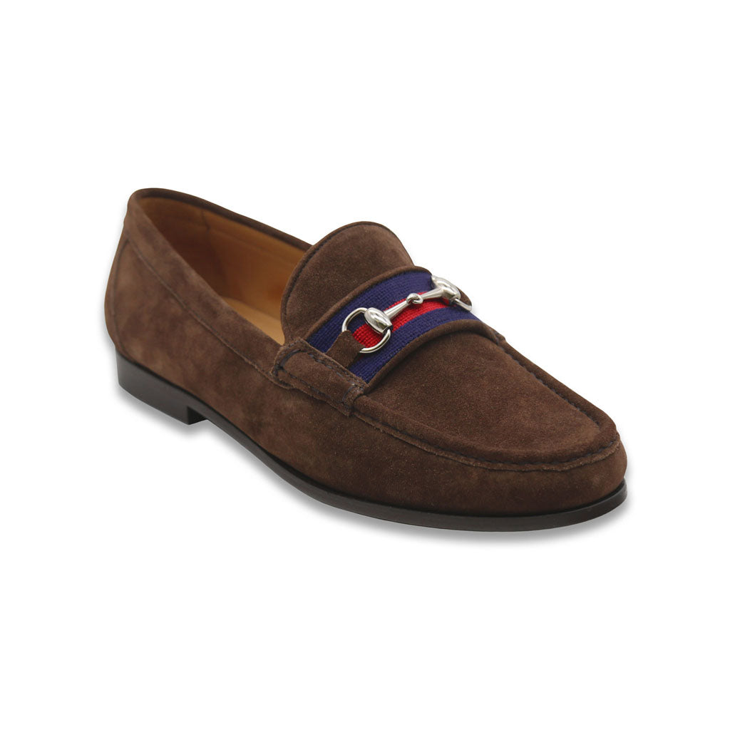 Navy & Red Surcingle Downing Bit Loafer in Espresso Suede by Smathers & Branson - Country Club Prep