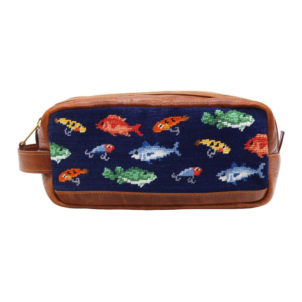 Fish & Tackle Pattern Needlepoint Toiletry Bag by Smathers & Branson - Country Club Prep