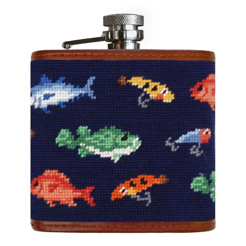 Fish and Tackle Pattern Needlepoint Flask by Smathers & Branson