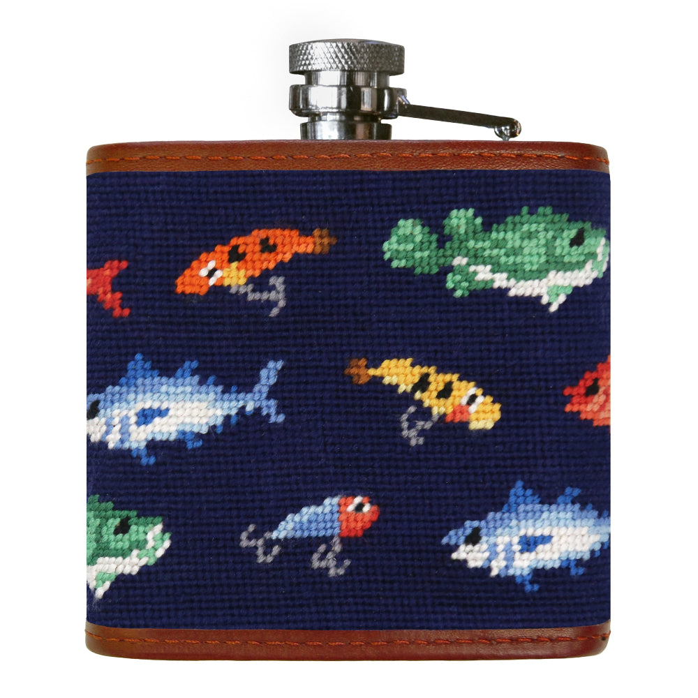 Fish and Tackle Pattern Needlepoint Flask by Smathers & Branson