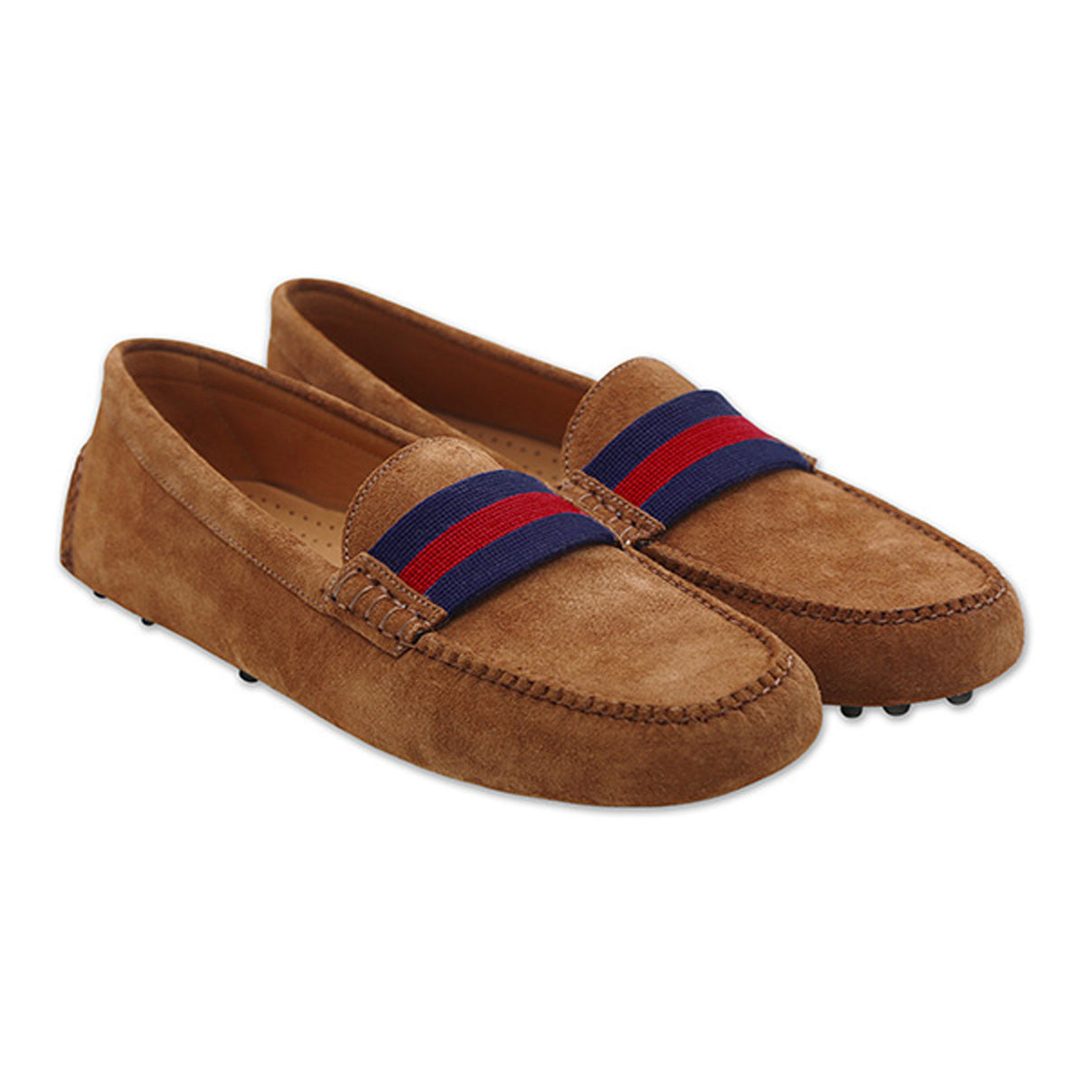 Navy & Red Surcingle Needlepoint Driving Shoe in Cognac Suede by Smathers & Branson - Country Club Prep