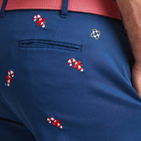Stretch Twill Harbor Pant in Nantucket Navy with Embroidered Candy Canes by Castaway Clothing - Country Club Prep