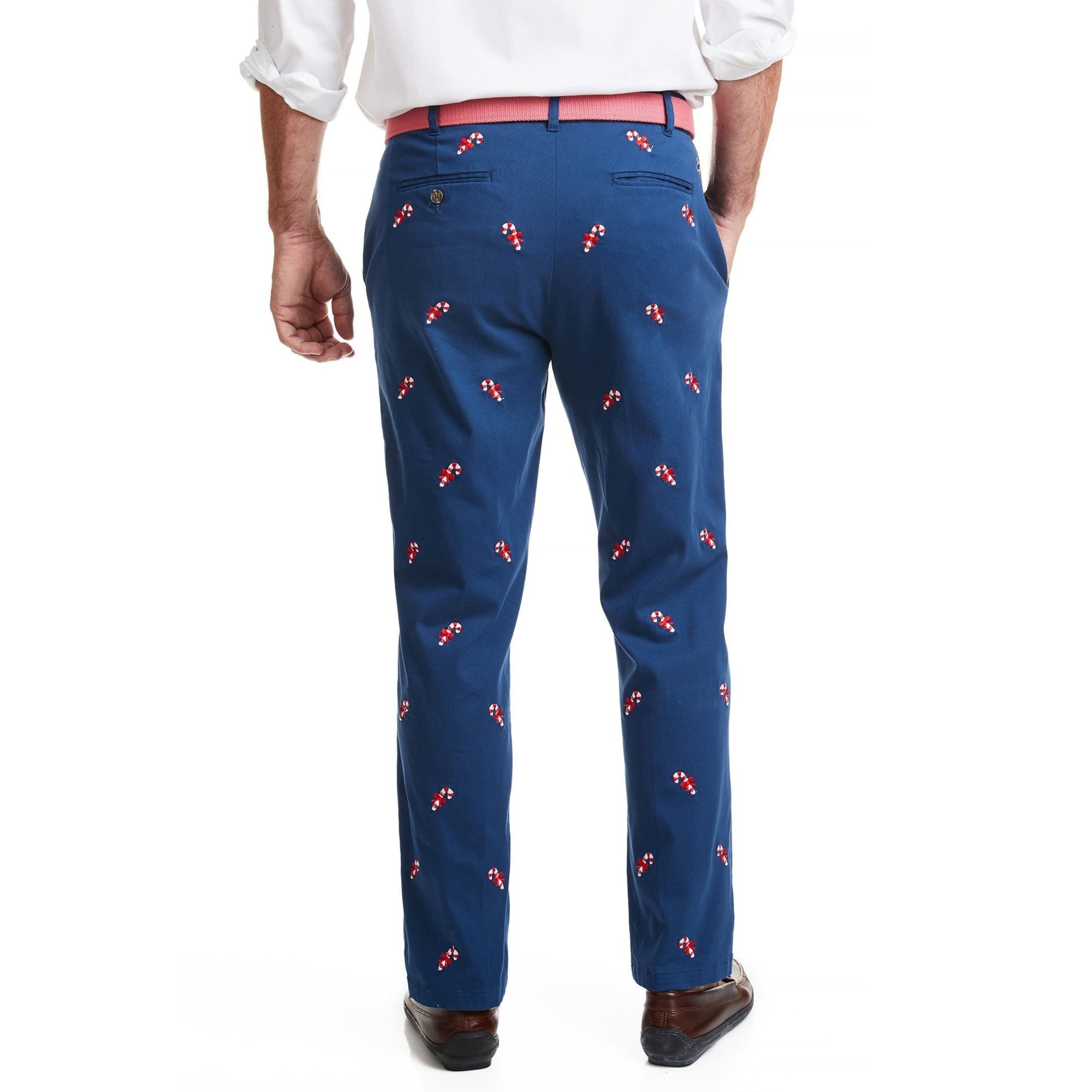 Stretch Twill Harbor Pant in Nantucket Navy with Embroidered Candy Canes by Castaway Clothing - Country Club Prep