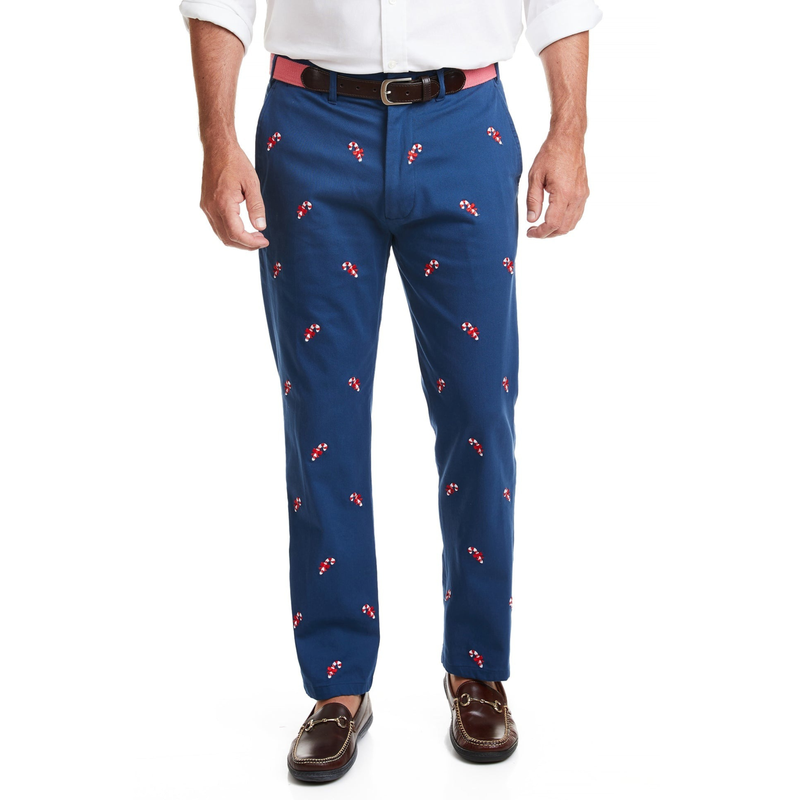 Stretch Twill Harbor Pant in Nantucket Navy with Embroidered Candy Canes by Castaway Clothing - Country Club Prep