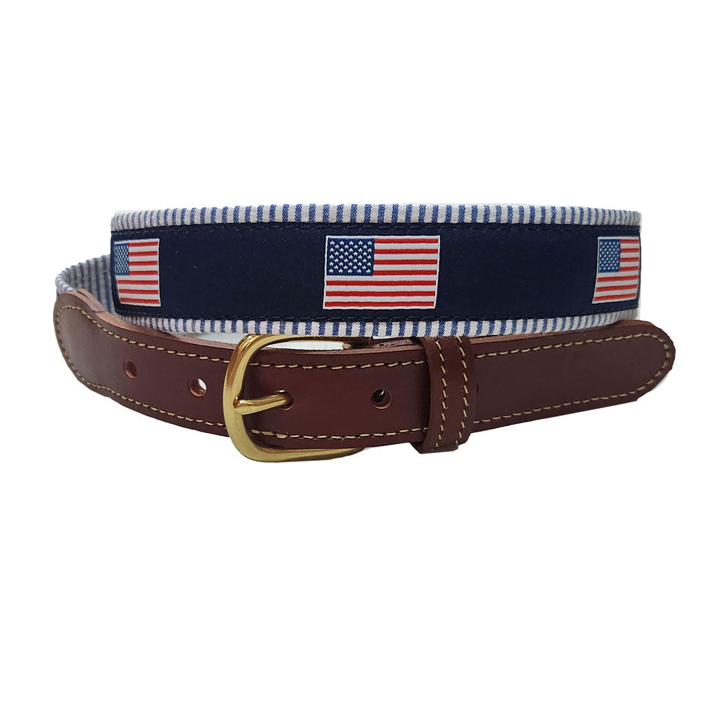 Old Glory Leather Tab Belt on Blue Seersucker by Country Club Prep - Country Club Prep