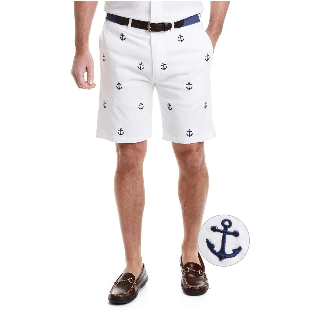 Stretch Twill Cisco Short with Anchor in White by Castaway Clothing - Country Club Prep