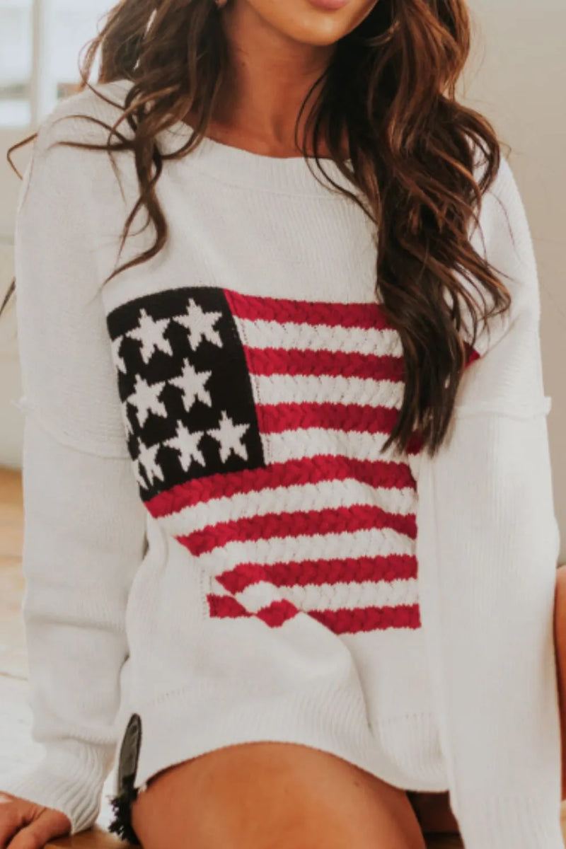 US Flag Side Slit Drop Shoulder Sweater - Country Club Prep