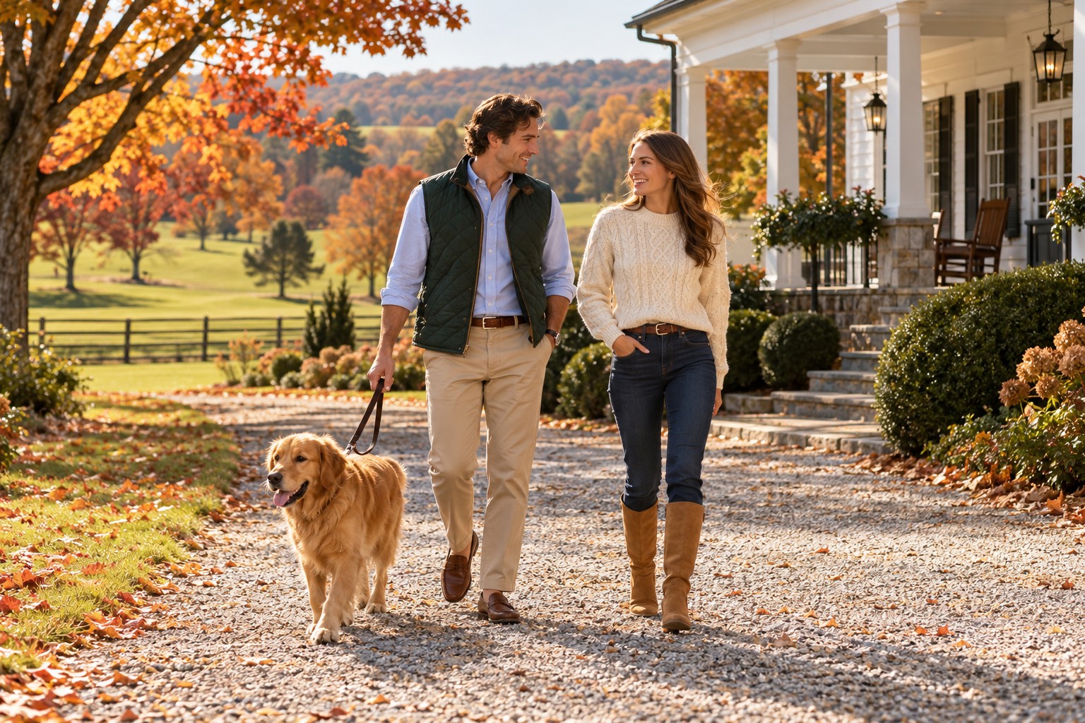 A couple in classic fall layers walking a golden retriever outside a country clubhouse