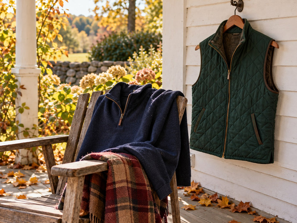 Hunter green quilted vest and navy pullover on an autumn porch