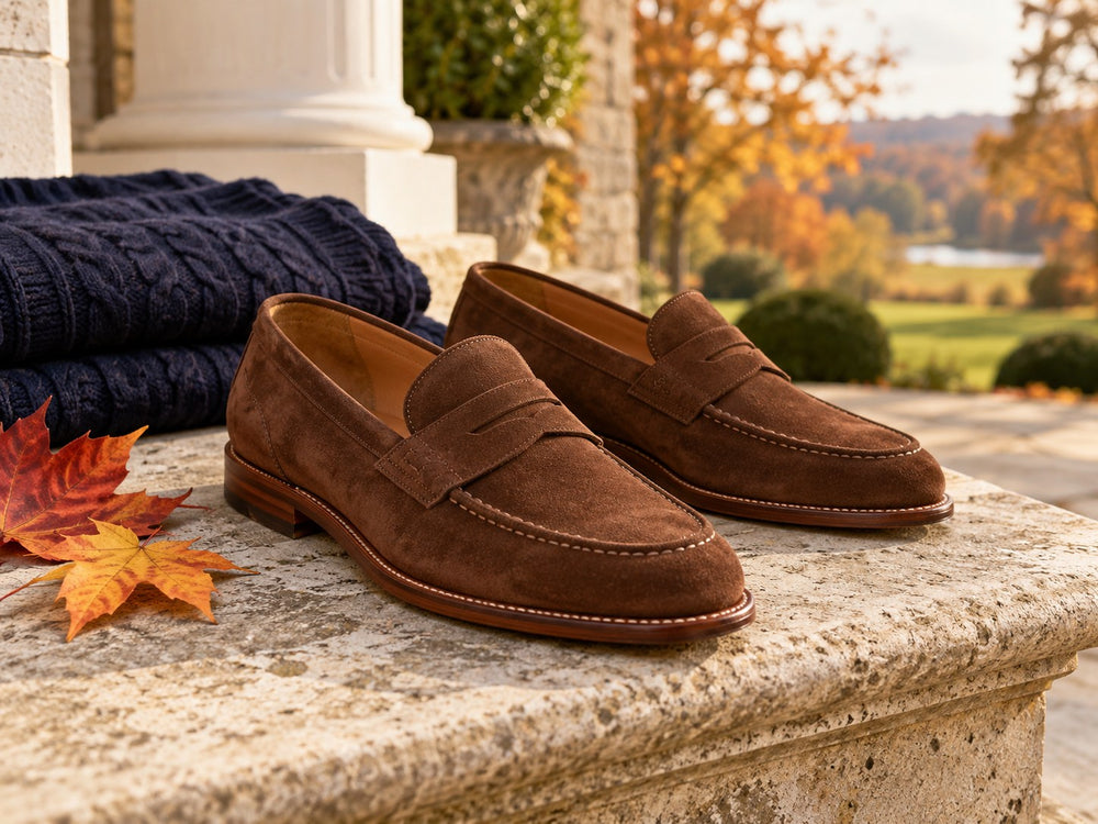 Brown suede loafers on a stone porch step with golden fall leaves