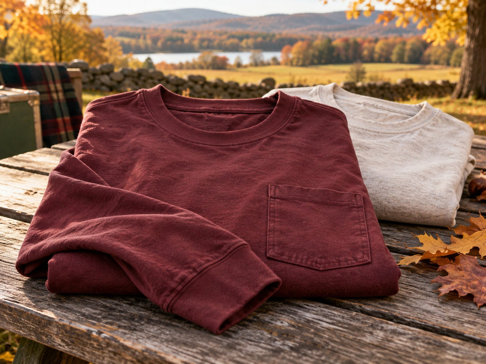 Burgundy long sleeve pocket tee and oatmeal tee on a wooden table