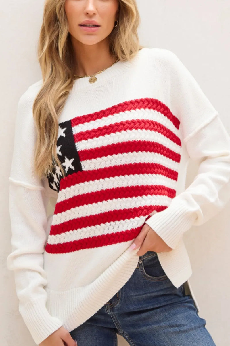 US Flag Side Slit Drop Shoulder Sweater - Country Club Prep