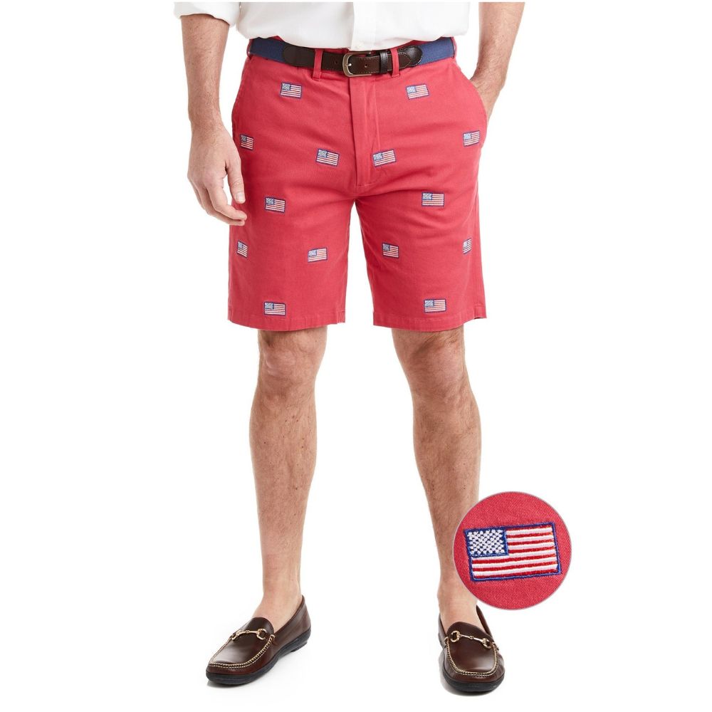 Stretch Twill Cisco Short with American Flag in Hurricane Red by Castaway Clothing - Country Club Prep