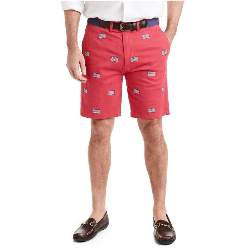 Stretch Twill Cisco Short with American Flag in Hurricane Red by Castaway Clothing - Country Club Prep