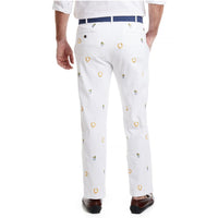 Stretch Twill Harbor Pant with Embroidered Lucky Mint Julep in White by Castaway Clothing - Country Club Prep