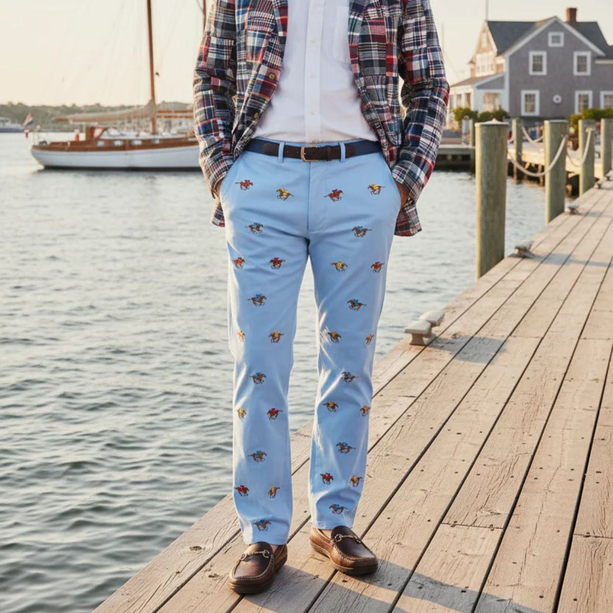 Stretch Twill Harbor Pant in Liberty with Embroidered Racing Horses by Castaway Clothing - Country Club Prep