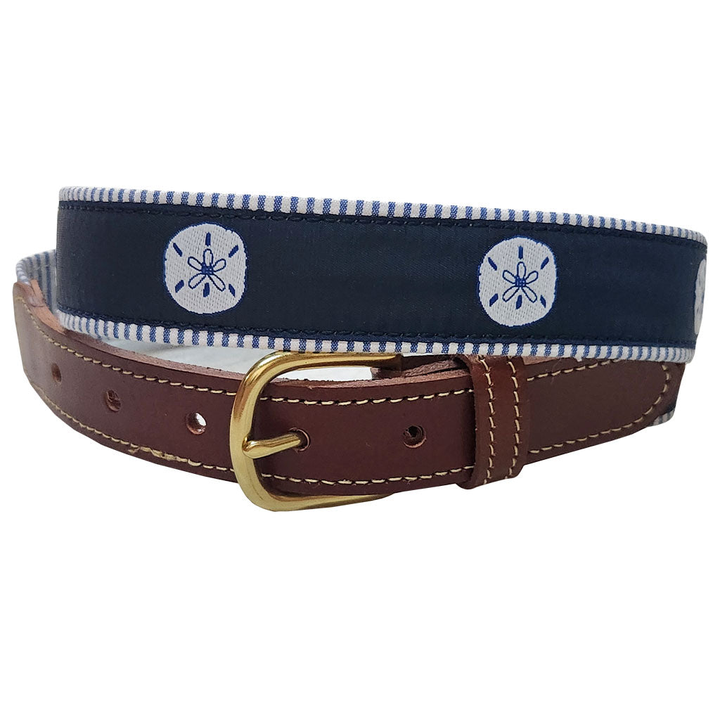 Swanky Sand Dollar Leather Tab Belt on Blue Seersucker by Country Club Prep - Country Club Prep
