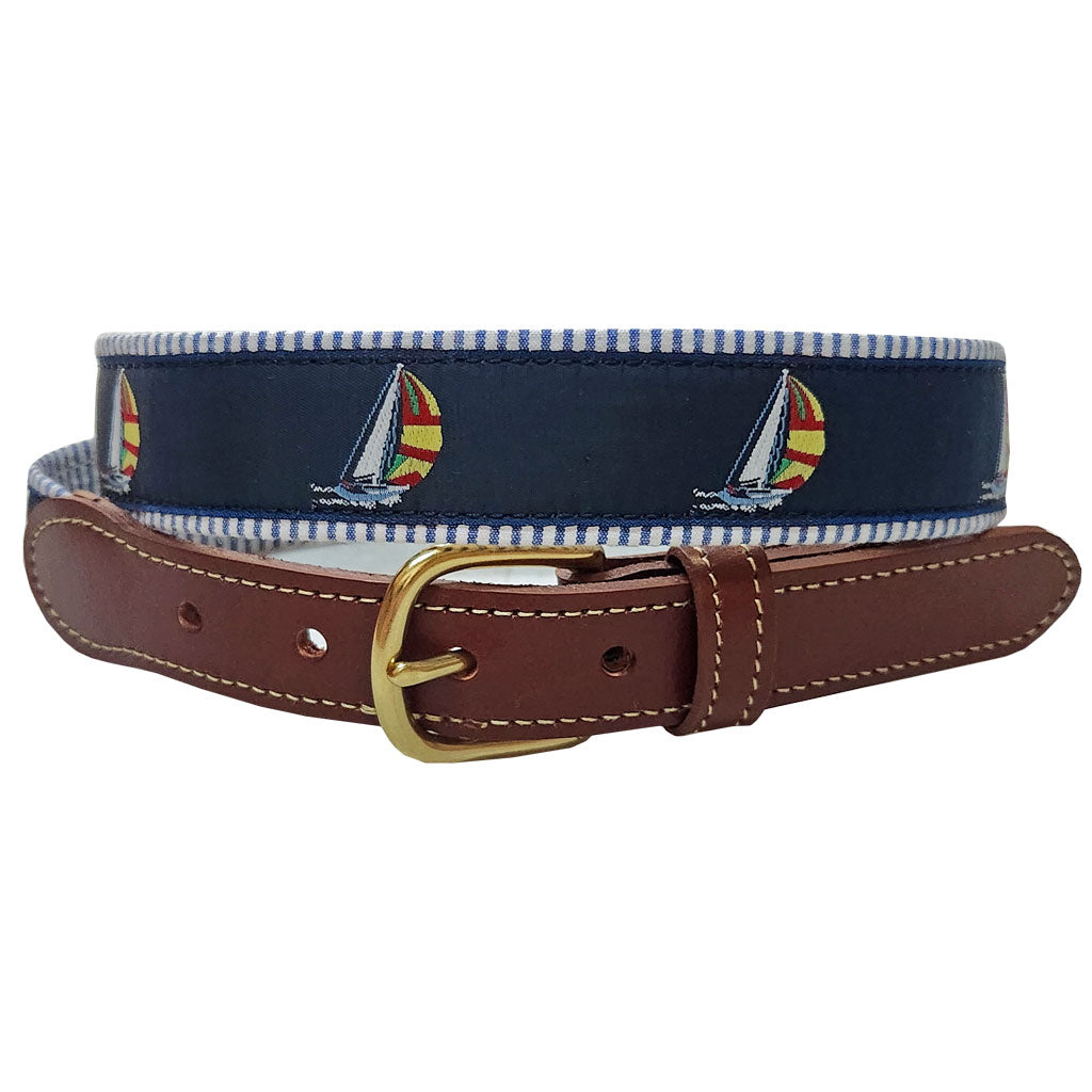 Salty Spinnaker Leather Tab Belt on Blue Seersucker by Country Club Prep - Country Club Prep