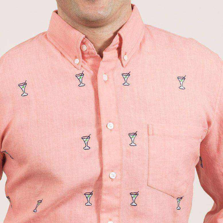 Chase Long Sleeve Shirt in Coral Linen with Embroidered Martinis by Castaway Clothing - Country Club Prep