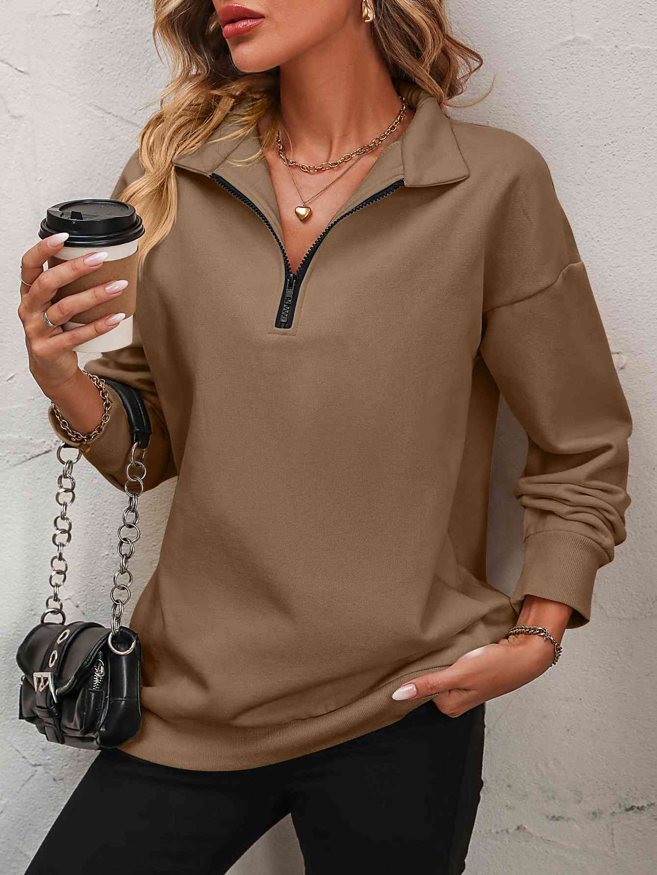 Zip-Up Dropped Shoulder Sweatshirt - Country Club Prep