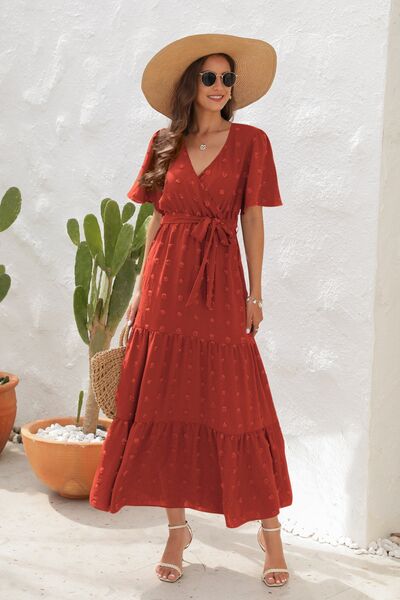 Swiss Dot Tied Surplice Short Sleeve Dress Country Club Prep Swiss Dot Tied Surplice Short Sleeve Dress Country Club Prep