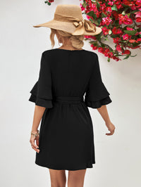 Round Neck Tie Belt Flounce Sleeve Dress - Country Club Prep