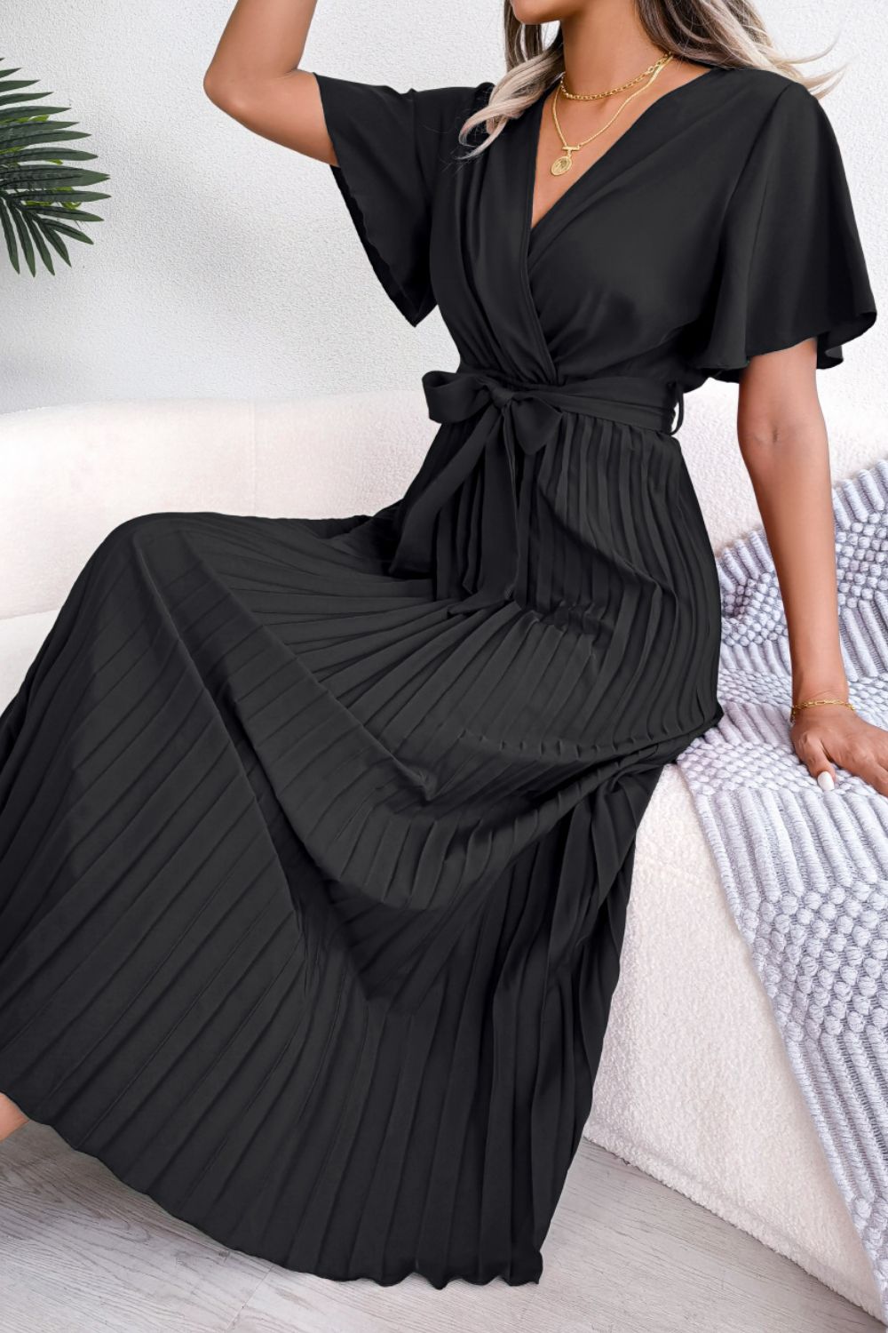 Pleated Flutter Sleeve Belted Dress Country Club Prep Pleated Flutter Sleeve Belted Dress Country Club Prep
