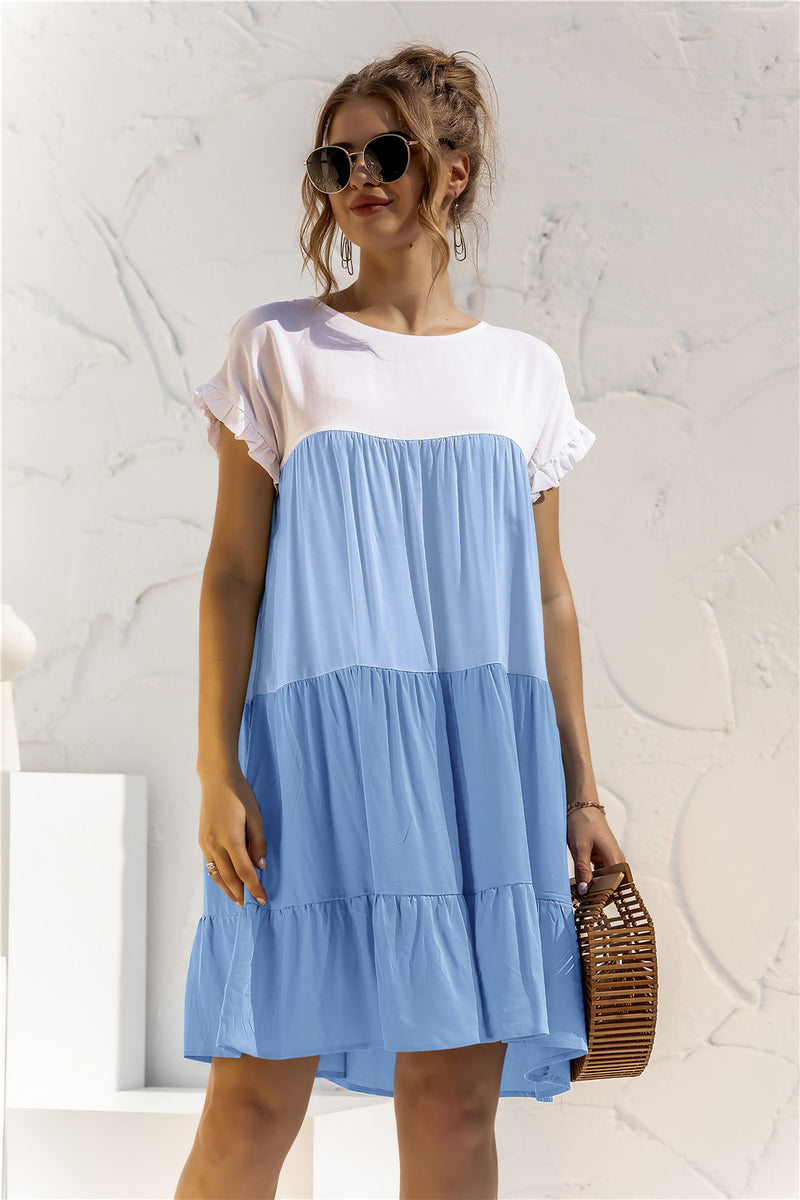 Color Block Round Neck Ruffle Hem Dress - Country Club Prep