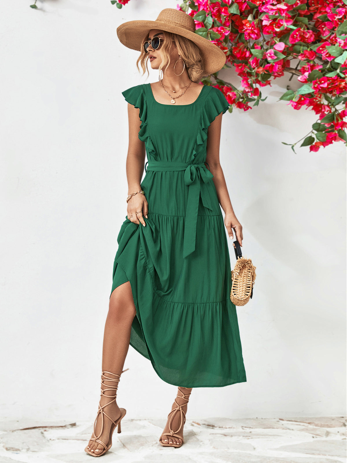 Tie Belt Ruffled Tiered Dress - Country Club Prep