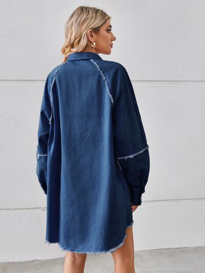 Raw Hem Button Up Denim Dress Misty Blue / S