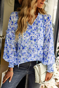 Floral Tie Neck Lantern Sleeve Blouse - Country Club Prep