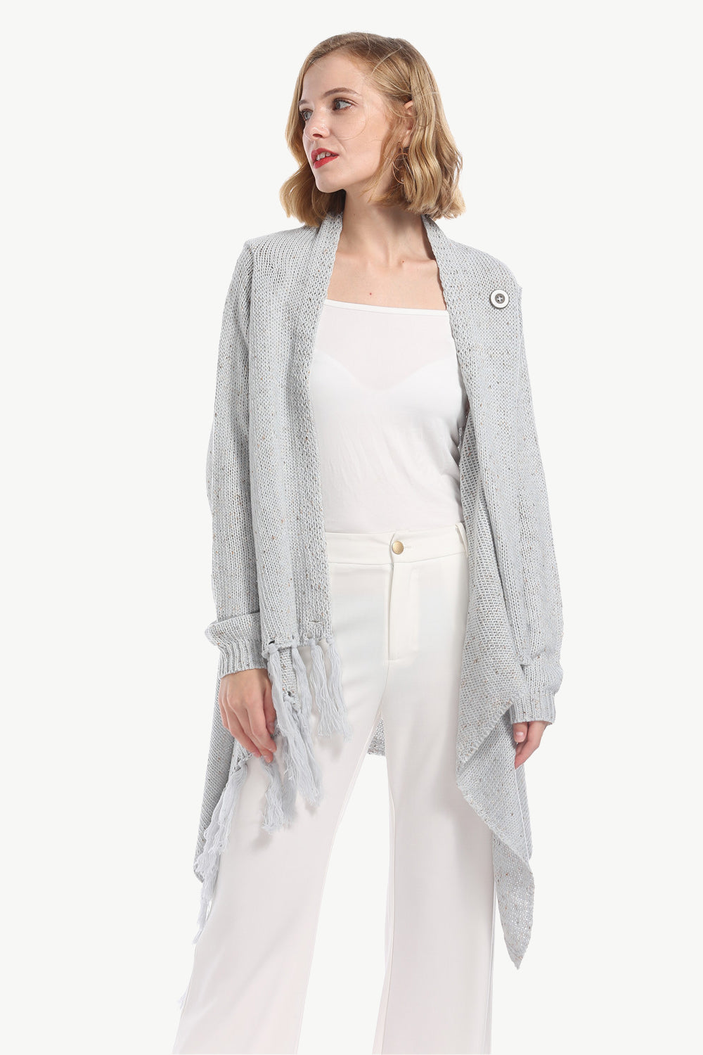 One-Button Tassel Tie Asymmetrical Hem Cardigan - Country Club Prep