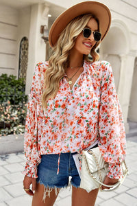 Floral Tie Neck Lantern Sleeve Blouse - Country Club Prep