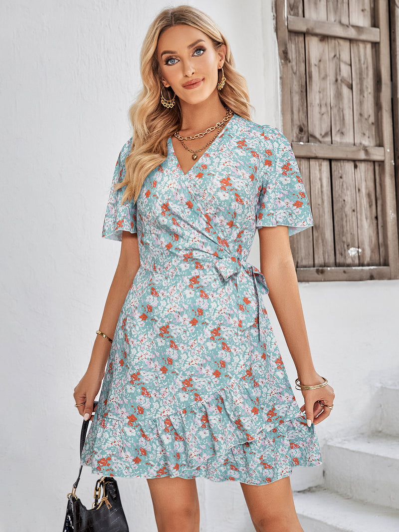 Floral Short Sleeve Ruffle Hem Dress - Country Club Prep