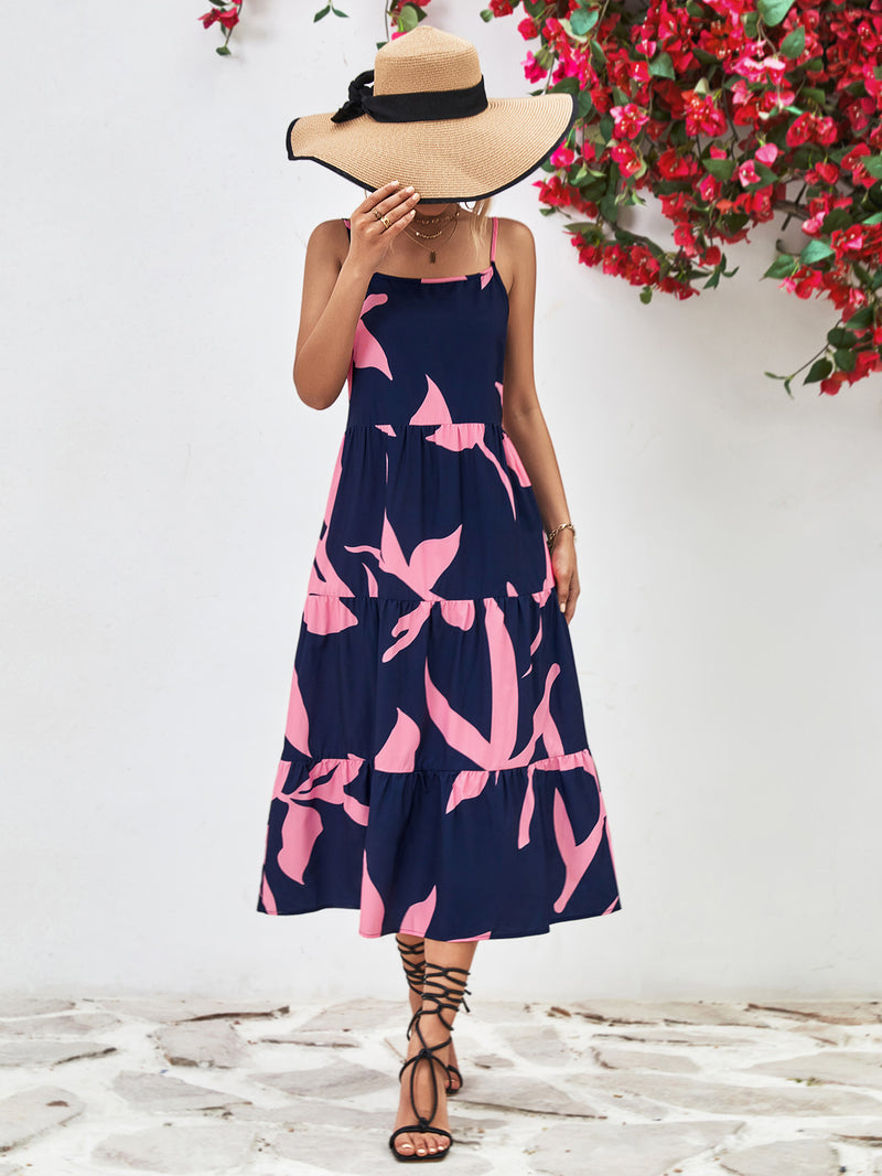 Printed Spaghetti Strap Tiered Midi Dress - Country Club Prep