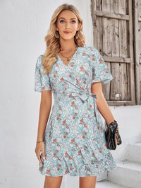 Floral Short Sleeve Ruffle Hem Dress - Country Club Prep